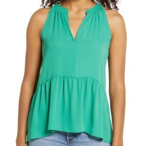 NEW 1. State Sleeveless Peplum Split V-Neck Blouse Green Sz Small